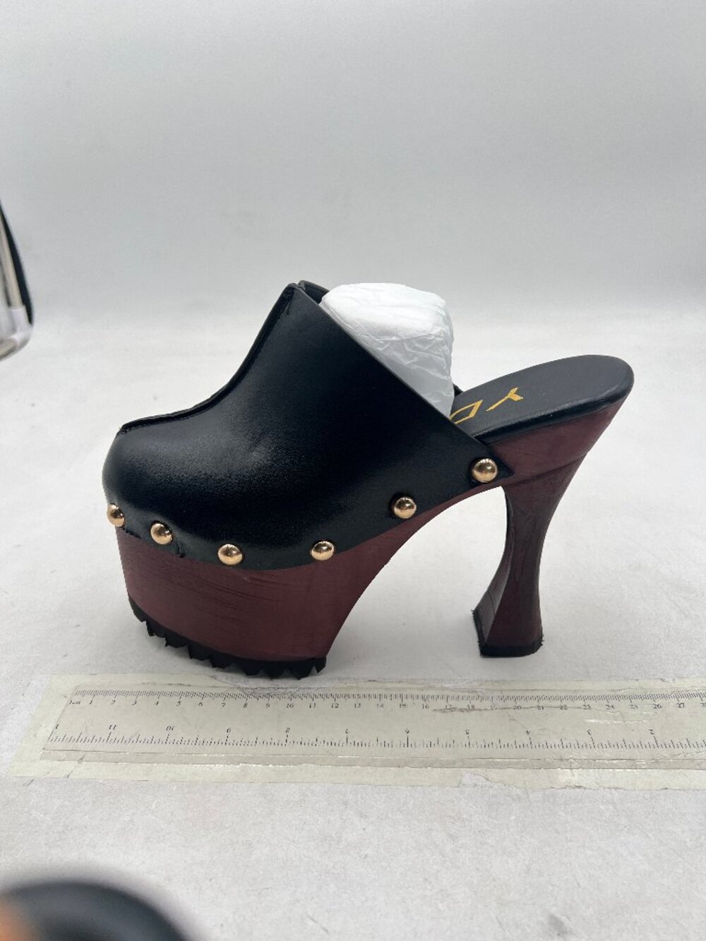 YDN Black Nail Studded Round Toe Platform Mules Chunky High Heels Slip On Shoes